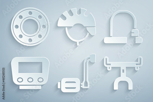 Set Bicycle pedal, lock, speedometer, handlebar, helmet and ball bearing icon. Vector