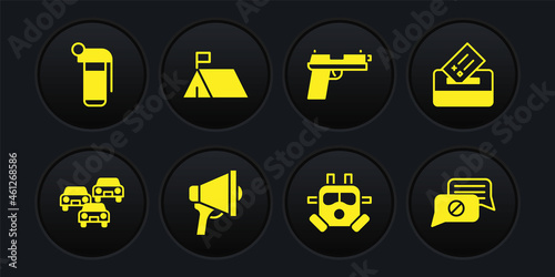Set Traffic jam, Vote box, Megaphone, Gas mask, Pistol or gun, Protest camp, Speech bubble chat and Hand grenade icon. Vector