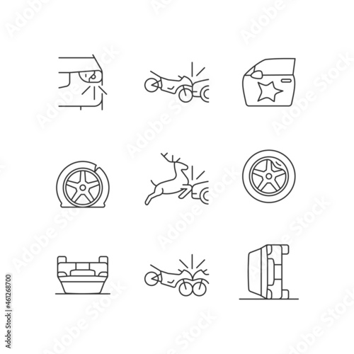 Common car crashes linear icons set. Rollover accidents. Wildlife vehicle collision. Motorcycle crashes. Customizable thin line contour symbols. Isolated vector outline illustrations. Editable stroke