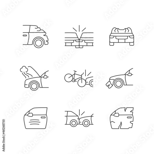 Road traffic accidents linear icons set. Car damaged body parts. Broadside crash. Car-on-bike collision. Customizable thin line contour symbols. Isolated vector outline illustrations. Editable stroke