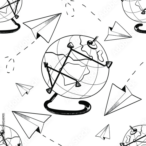 Seamless pattern in the form of an outline with the image of the globe and paper airplanes. For fabric, paper, printing.