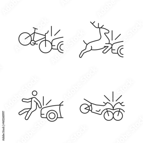 Traffic collision scenarios linear icons set. Bicycle crash. Colliding with wildlife. Hitting pedestrian. Customizable thin line contour symbols. Isolated vector outline illustrations. Editable stroke