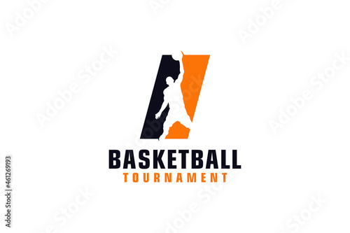 Letter I with Basketball Logo Design. Vector Design Template Elements for Sport Team or Corporate Identity.