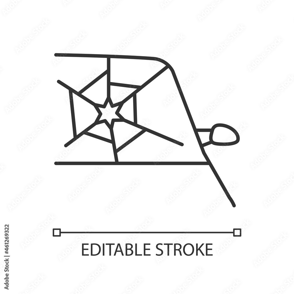 Broken car glass linear icon. Windscreen damage. Shattering windshield in accident. Thin line customizable illustration. Contour symbol. Vector isolated outline drawing. Editable stroke