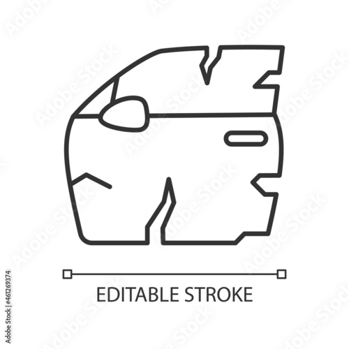Broken car door linear icon. Road traffic accident. Door panel dents. Damaged auto body side. Thin line customizable illustration. Contour symbol. Vector isolated outline drawing. Editable stroke