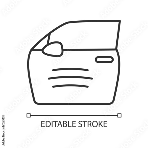Paint scratch on car linear icon. Small dents on vehicle surface. Minor external damage. Thin line customizable illustration. Contour symbol. Vector isolated outline drawing. Editable stroke