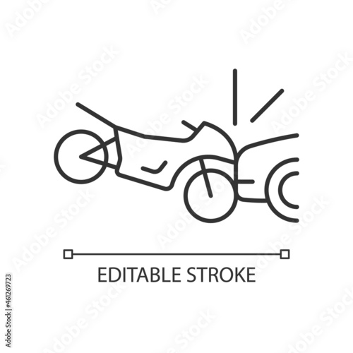 Collision with motorcycle linear icon. Dangerous situation for motorcyclist. Car accident. Thin line customizable illustration. Contour symbol. Vector isolated outline drawing. Editable stroke