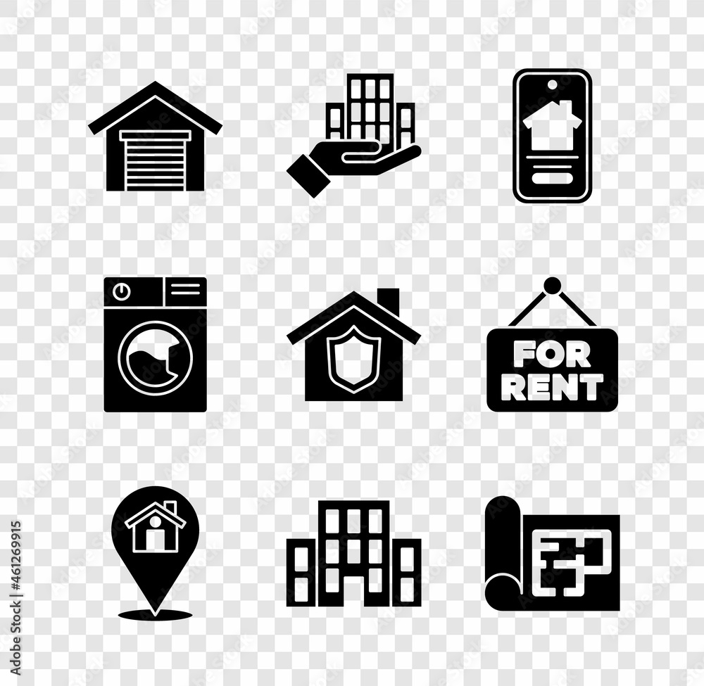 Set Garage, Skyscraper, Online real estate house, Location with, House, plan, Washer and shield icon. Vector Set Garage, Skyscraper, Online real estate house, Location with, House, plan, Washer and shield icon. Vector