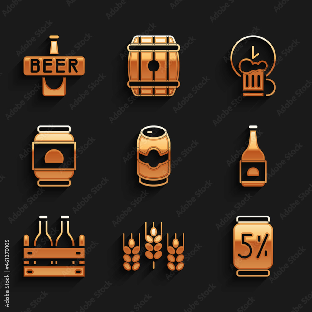 Set Beer can, Wheat, bottle, Pack of beer bottles, Happy hour and icon. Vector Set Beer can, Wheat, bottle, Pack of beer bottles, Happy hour and icon. Vector