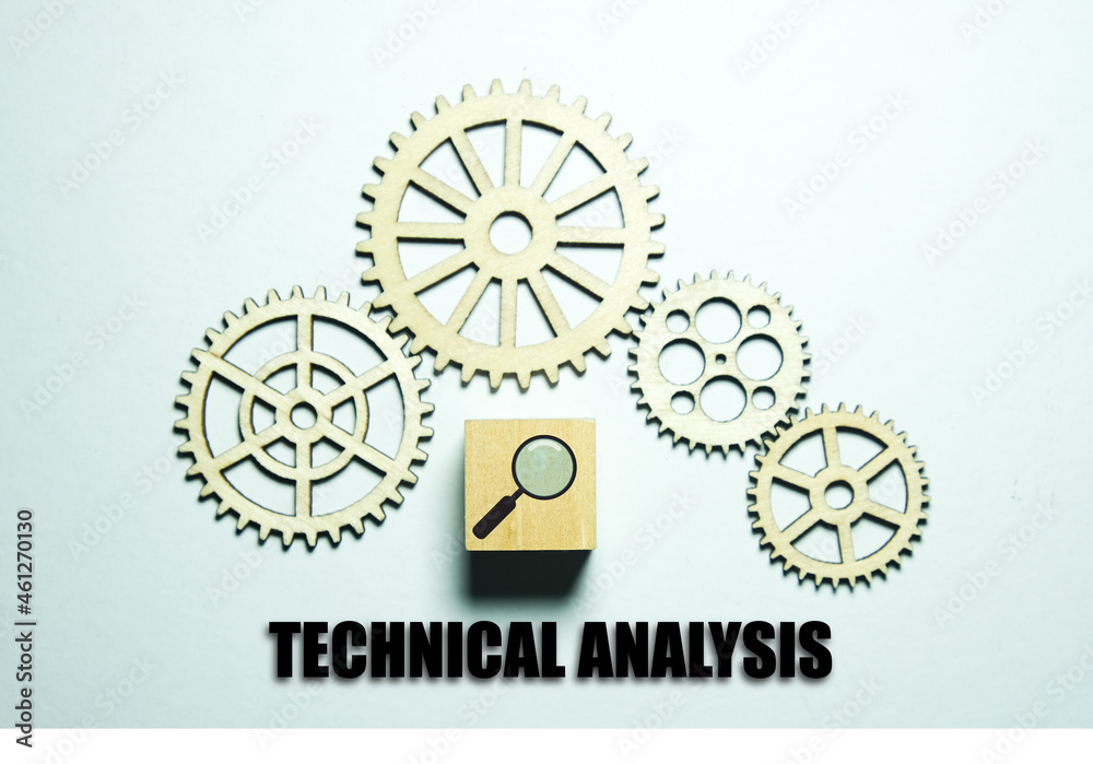 A picture of wooden gear, block with magnifying glass and the technical analysis word. A picture of wooden gear, block with magnifying glass and the technical analysis word.