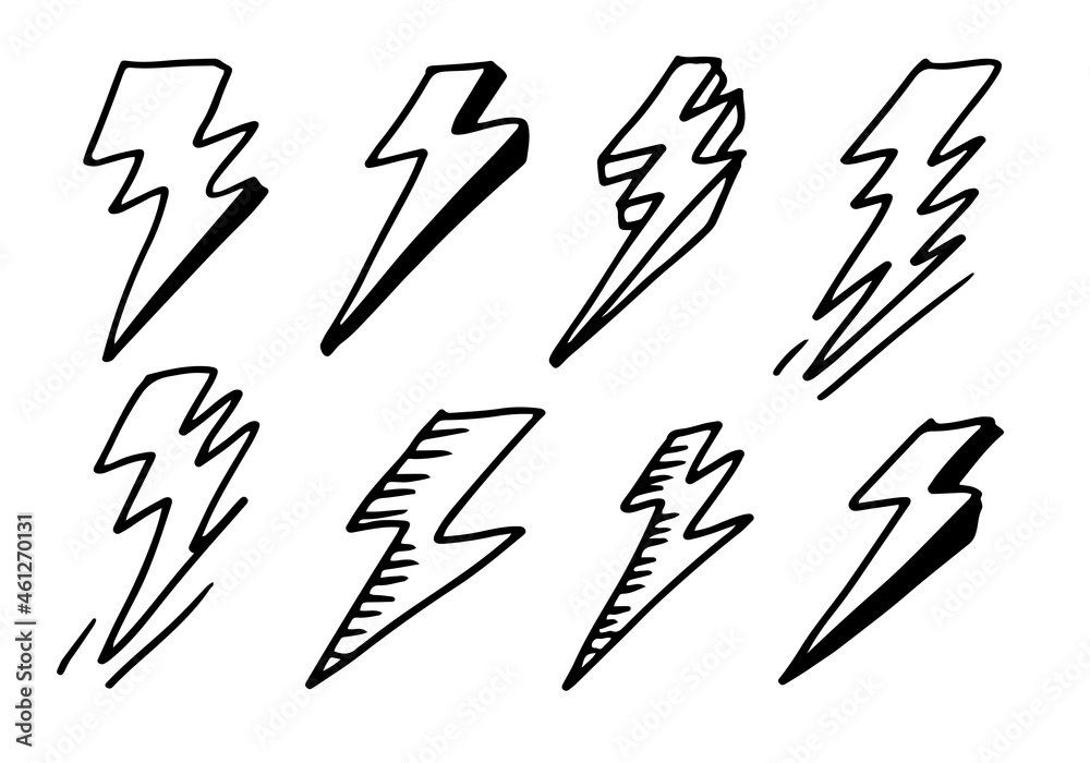 set of hand drawn vector doodle electric lightning bolt symbol sketch illustrations. thunder symbol doodle icon. set of hand drawn vector doodle electric lightning bolt symbol sketch illustrations. thunder symbol doodle icon.