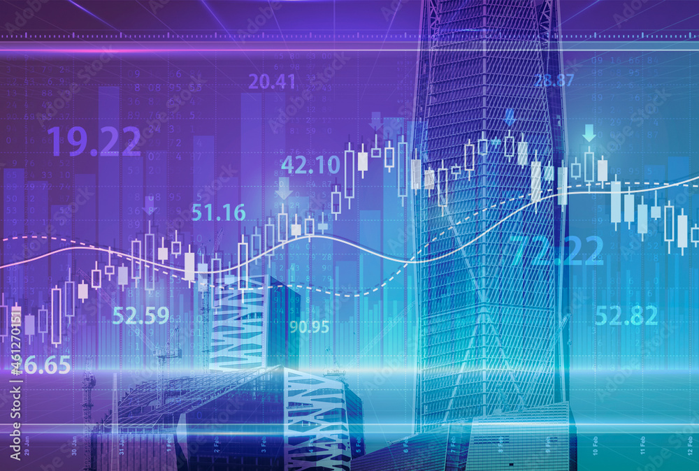 Stock market digital graph chart on LED display concept. A large display of daily stock market price and quotation. Indicator financial with buildings background Stock market digital graph chart on LED display concept. A large display of daily stock market price and quotation. Indicator financial with buildings background