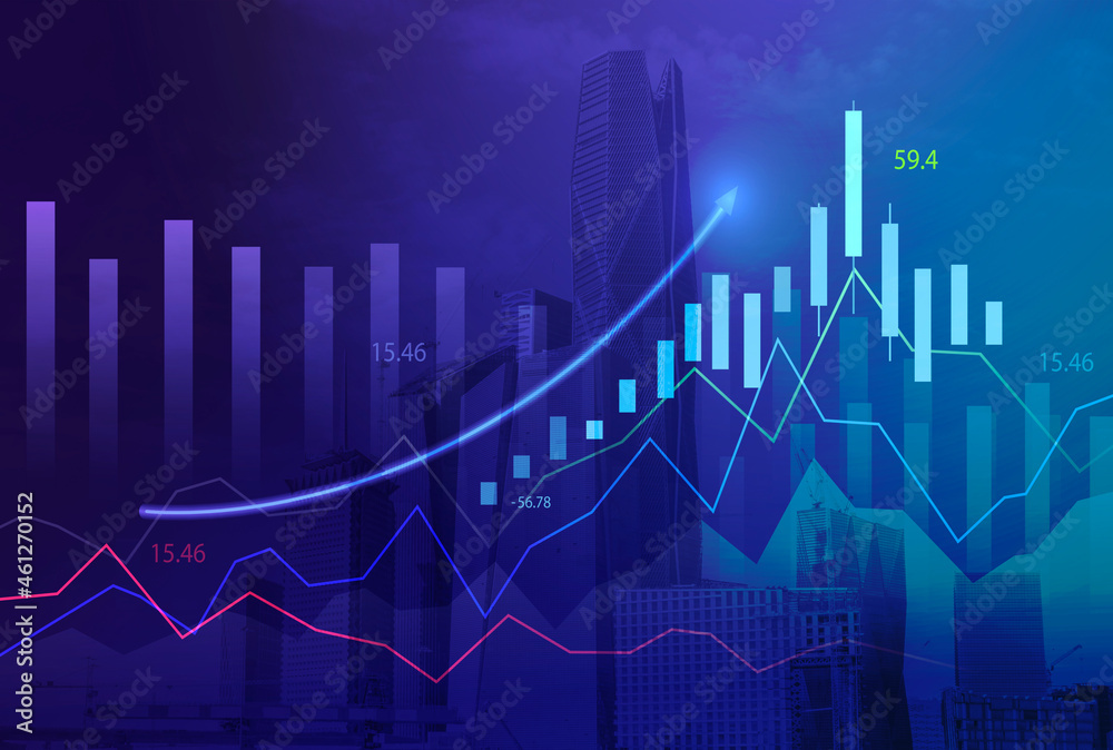 Stock market digital graph chart on LED display concept. A large display of daily stock market price and quotation. Indicator financial with buildings background Stock market digital graph chart on LED display concept. A large display of daily stock market price and quotation. Indicator financial with buildings background