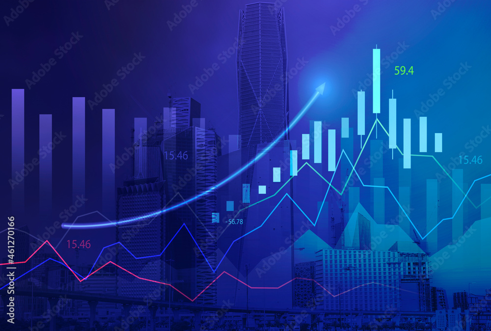 Stock market digital graph chart on LED display concept. A large display of daily stock market price and quotation. Indicator financial with buildings background Stock market digital graph chart on LED display concept. A large display of daily stock market price and quotation. Indicator financial with buildings background