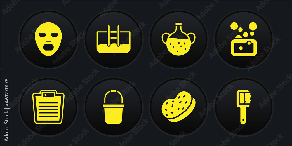Set Bathroom scales, Bar of soap, Sauna bucket, sponge, Essential oil bottle, Swimming pool with ladder, brush and Facial cosmetic mask icon. Vector Set Bathroom scales, Bar of soap, Sauna bucket, sponge, Essential oil bottle, Swimming pool with ladder, brush and Facial cosmetic mask icon. Vector