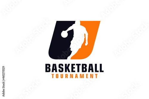 Letter U with Basketball Logo Design. Vector Design Template Elements for Sport Team or Corporate Identity.