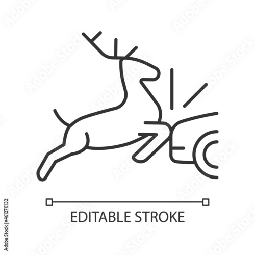 Collision with animals linear icon. Colliding with wildlife and livestock in roadway. Thin line customizable illustration. Contour symbol. Vector isolated outline drawing. Editable stroke