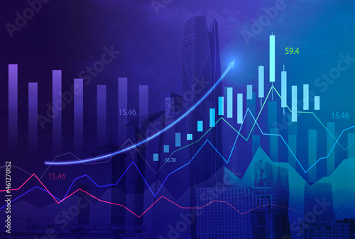 Stock market digital graph chart on LED display concept. A large display of daily stock market price and quotation. Indicator financial with buildings background