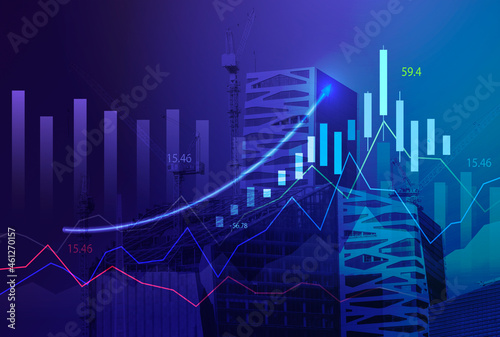 Stock market digital graph chart on LED display concept. A large display of daily stock market price and quotation. Indicator financial with buildings background
