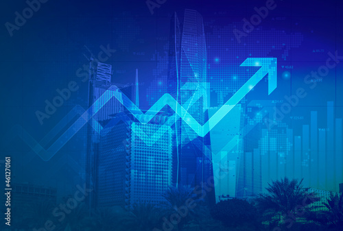 Stock market digital graph chart on LED display concept. A large display of daily stock market price and quotation. Indicator financial with buildings background
