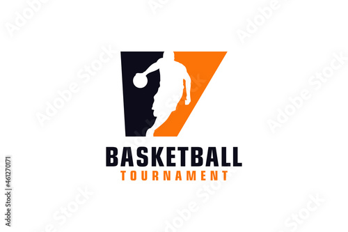 Letter V with Basketball Logo Design. Vector Design Template Elements for Sport Team or Corporate Identity.