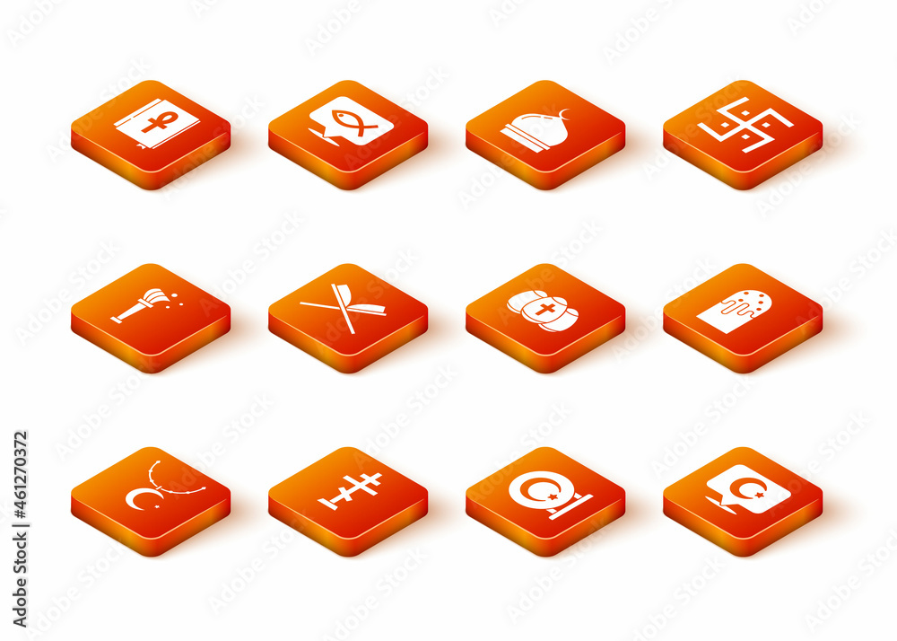 Set Star and crescent on chain, Christian cross, Aspergillum, Holy book of Koran, Easter egg, and cake icon. Vector