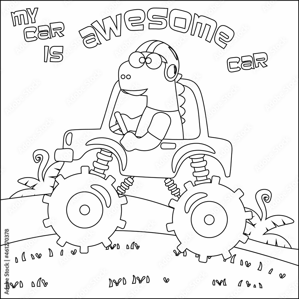 Vector illustration of monster truck with cute dinosaur driver. Cartoon isolated vector illustration, Creative vector Childish design for kids activity colouring book or page. Stock Vector | Adobe Stock Vector illustration of monster truck with cute dinosaur driver. Cartoon isolated vector illustration, Creative vector Childish design for kids activity colouring book or page. Stock Vector | Adobe Stock