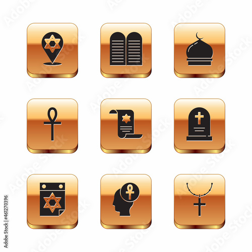 Set Star of David, Jewish calendar, Cross ankh, Torah scroll, Muslim Mosque, Christian cross on chain and The commandments icon. Vector