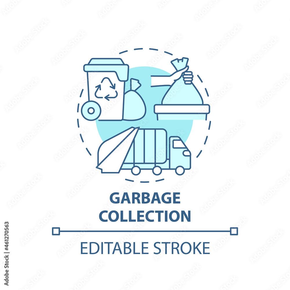 Garbage collection blue concept icon. Waste management process abstract idea thin line illustration. Trash collection truck. Rubbish recycling. Vector isolated outline color drawing. Editable stroke