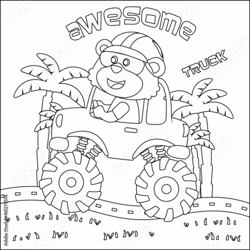 Vector illustration of monster truck with cute animal driver. Cartoon isolated vector illustration  Creative vector Childish design for kids activity colouring book or page.