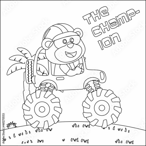 Vector illustration of monster truck with cute animal driver. Cartoon isolated vector illustration, Creative vector Childish design for kids activity colouring book or page.