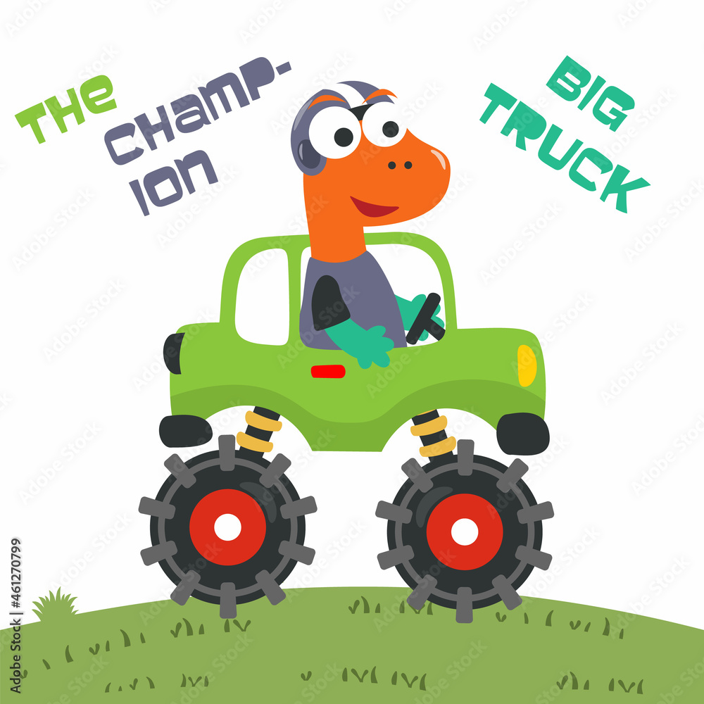 Vector illustration of dinosaurs riding monster truck with cartoon style. Can be used for t-shirt print, kids wear, invitation card. fabric, textile, nursery wallpaper, poster and other decoration. Vector illustration of dinosaurs riding monster truck with cartoon style. Can be used for t-shirt print, kids wear, invitation card. fabric, textile, nursery wallpaper, poster and other decoration.