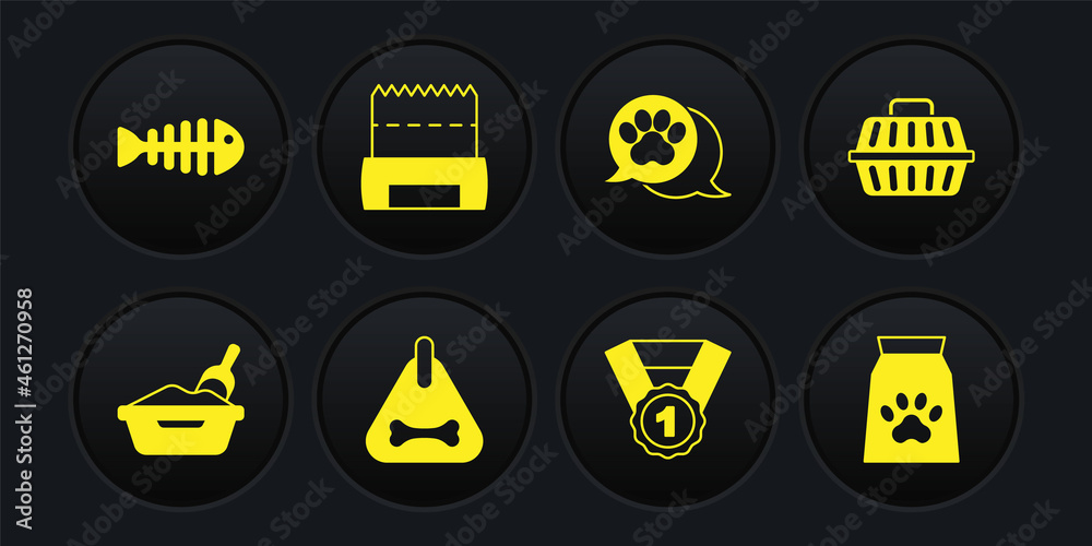Set Cat litter tray with shovel, Pet carry case, Dog collar, award symbol, Paw print, shit bag, Bag of food for pet and Fish skeleton icon. Vector