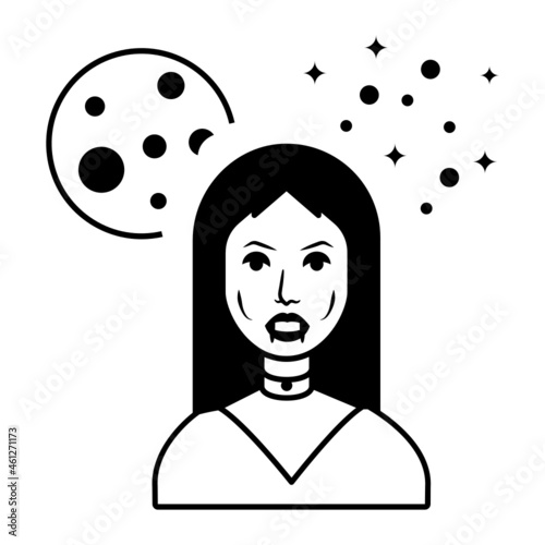 awkward lady with full moon and starbust Concept, Sinister Vector Icon Design, Halloween costume Symbol, Holiday Celebrations Face Mask Sign, Scary Monster characters Stock illustration photo