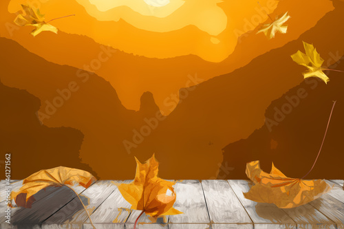 sautumn leaves on wood background. cartoon flat style, illustration. photo