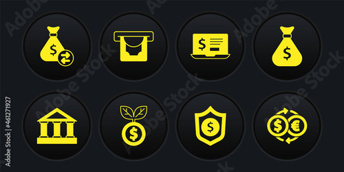 Set Bank building, Money bag, Dollar plant, Shield with dollar, Laptop, ATM and money, exchange and icon. Vector
