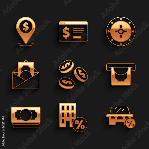 Set Coin money with dollar, House percant discount, Car leasing percent, ATM and, Stacks paper cash, Envelope symbol, Safe and Cash location icon. Vector