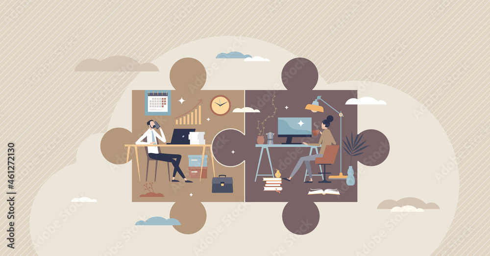 Hybrid work with part time job from home and office tiny person concept. Scheduled workspace location for flexibility and efficiency vector illustration. Productive distant workplace as jigsaw puzzle. - obrazy, fototapety, plakaty 
