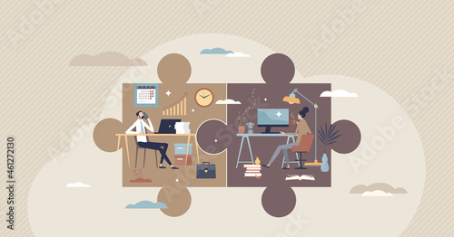 Hybrid work with part time job from home and office tiny person concept. Scheduled workspace location for flexibility and efficiency vector illustration. Productive distant workplace as jigsaw puzzle. photo