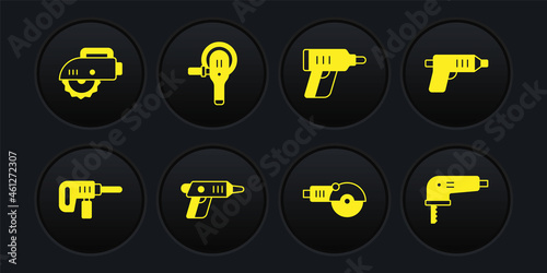Set Electric drill machine, cordless screwdriver, Angle grinder, jigsaw and circular icon. Vector