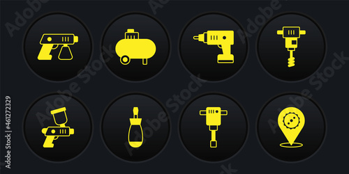 Set Paint spray gun, Electrical hand concrete mixer, Screwdriver, Construction jackhammer, cordless screwdriver, Air compressor, Circular saw blade and icon. Vector