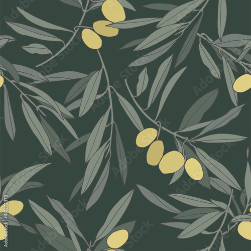 Vector illustration olive branch - vintage linear style. Seamless pattern in retro botanical style.