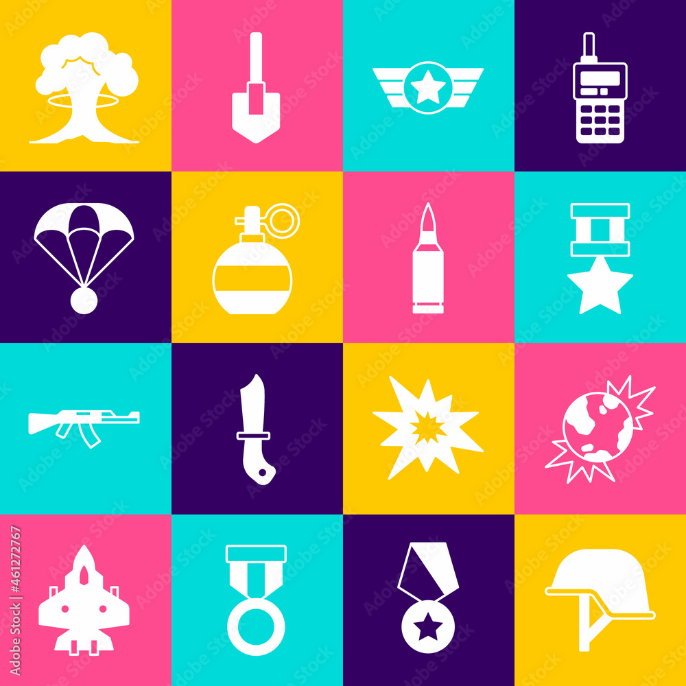 Set Military helmet, Bomb explosive planet earth, reward medal, Star American military, Hand grenade, Parachute, Nuclear explosion and Bullet icon. Vector Set Military helmet, Bomb explosive planet earth, reward medal, Star American military, Hand grenade, Parachute, Nuclear explosion and Bullet icon. Vector