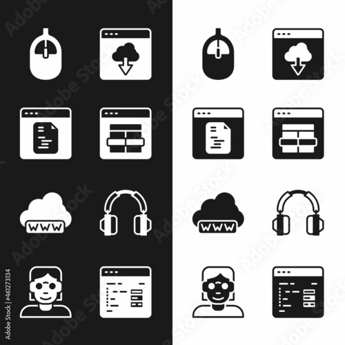 Set MySQL code, Software, Computer mouse, Cloud technology data transfer, Web development, Headphones, and Hacker or coder icon. Vector