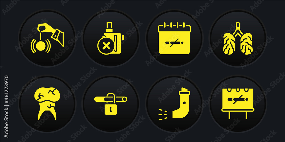 Set Tooth with caries, Disease lungs, No smoking, Inhaler, days, electronic cigarette, and Hypnosis icon. Vector Set Tooth with caries, Disease lungs, No smoking, Inhaler, days, electronic cigarette, and Hypnosis icon. Vector