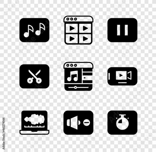 Set Music note, tone, playlist, Pause button, Sound or audio recorder, Speaker mute, Stopwatch, video editing and player icon. Vector