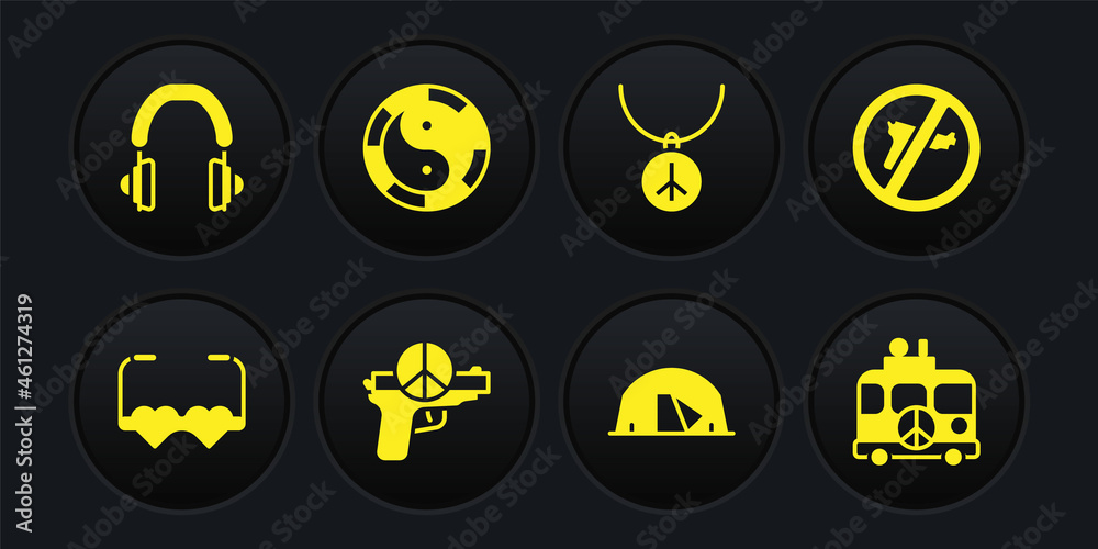 Set Heart shaped love glasses, No war, Tourist tent, Necklace with peace symbol, Yin Yang, Hippie camper van and Headphones icon. Vector Set Heart shaped love glasses, No war, Tourist tent, Necklace with peace symbol, Yin Yang, Hippie camper van and Headphones icon. Vector
