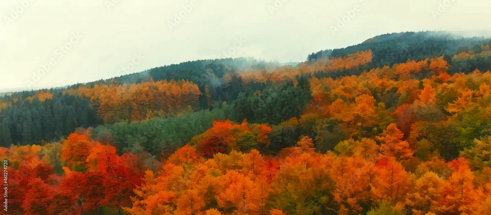 Autumn landscape with hills and fog Autumn landscape with hills and fog