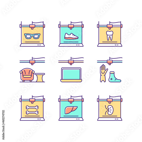 Additive manufacturing RGB color icons set. Producing 3d models. Printed prosthetics. Innovation in biomedical field. Bioprinting. Isolated vector illustrations. Simple filled line drawings collection