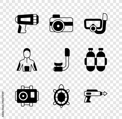 Set Flashlight for diver, Photo camera, Diving mask with snorkel, Turtle, Fishing harpoon, Wetsuit scuba diving and Snorkel icon. Vector